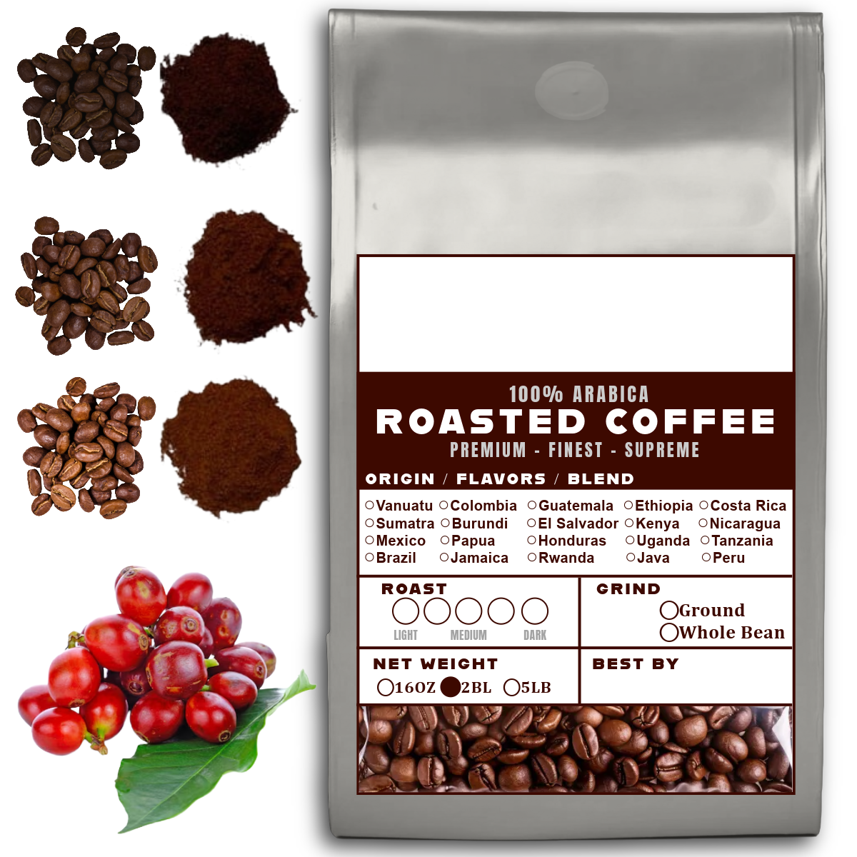 32 OZ 2LB Specialty Whole Bean and Ground Coffee Supreme Finest Artisan for Drips Cold Brew Espresso French Press Dark Medium Light Roast from Vanuatu Sumatra Ethiopia Brazil Kenya Colombia Guatemala Burundi Costa Rica East Java El Salvador Honduras etc